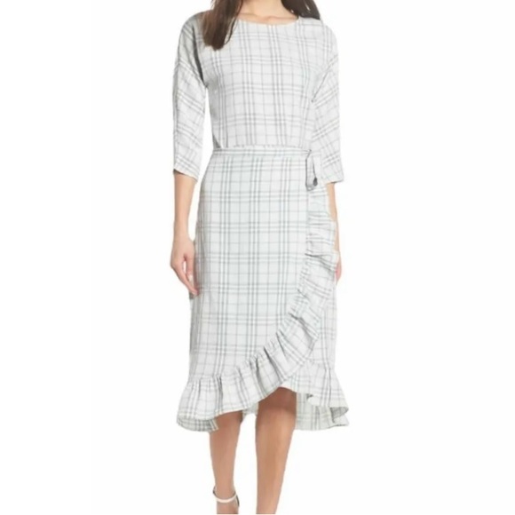Chelsea28 Dresses & Skirts - Chelsea28 Grey Plaid Crew Neck 3/4 Sleeve Wrap Midi Dress Size Medium NEW